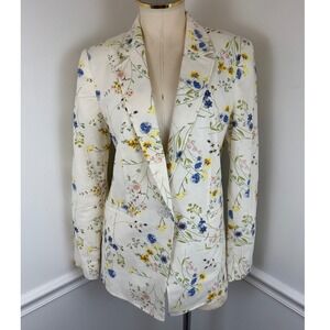 LOFT Outlet Cream Green Blue Yellow & Pink Floral Linen Blend Spring Blazer | 10